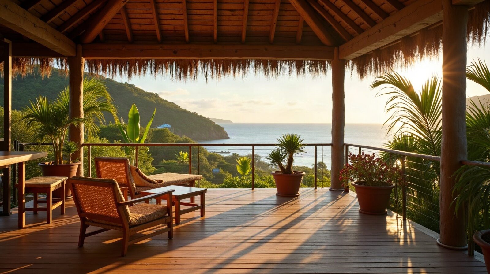 Terrasse couverte d'une maison créole, fauteuils en rotin et plantes en pot, ouverte sur un jardin tropical