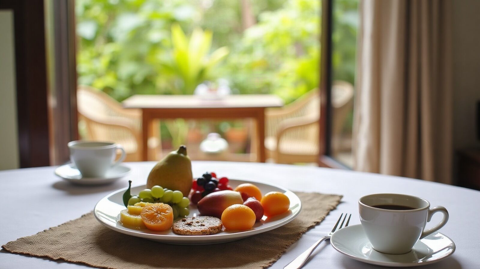 Table de petit-déjeuner dressée dans une chambre d'hôtes, fruits frais et confitures, ouverte sur un jardin tropical